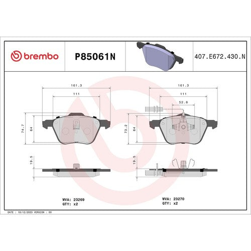 Brembo Front Ceramic Brake Pads Fits 2001-2003 Volkswagen EuroVan 4 Pc P85061N