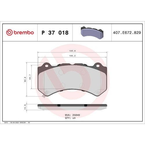 Brembo Front Low Metallic Brake Pads Fits 2015-2023 Dodge Charger 4 Pc P37018