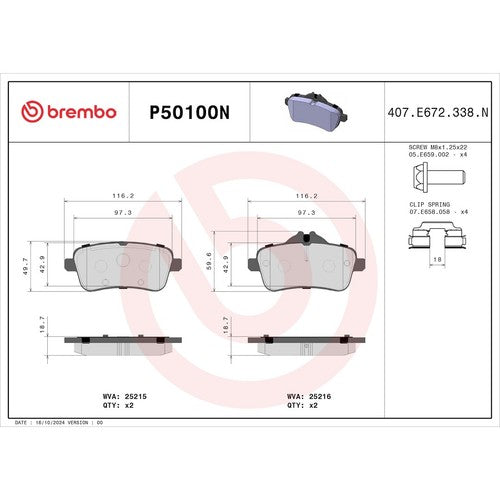 Brembo Rear Ceramic Brake Pads Fits 2012-2015 Mercedes-Benz ML350 4 Pc P50100N