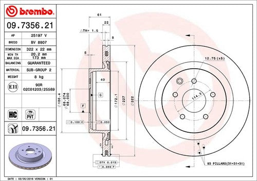 Brembo 09735621C02 Brake Rotor Vented Wheel Bolt Pattern 5 x 114.3mm Single