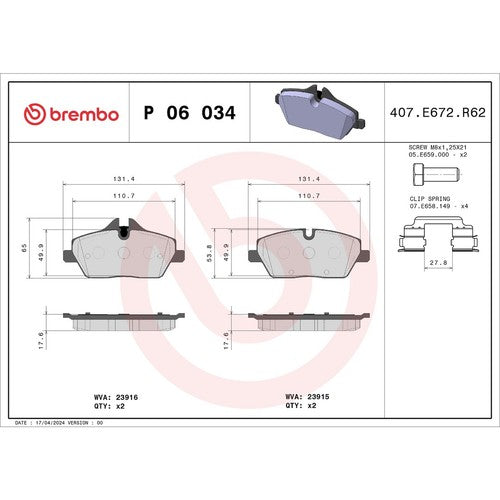 Brembo Front Brake Pad For Mini Cooper 2007-2025 Ceramic Brake Pads P06034N