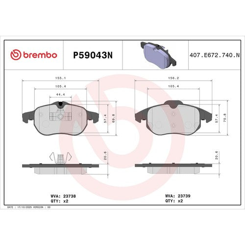 Brembo Front Ceramic Brake Pads Fits 2003-2011 Saab 9-3 4 Pc Brakes P59043N