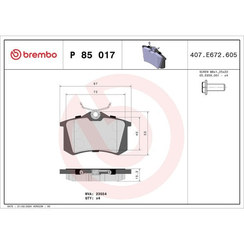 Brembo Rear Low Metallic Brake Pads Fits 2003-2006 Audi A4 Quattro 4 Pc P85017