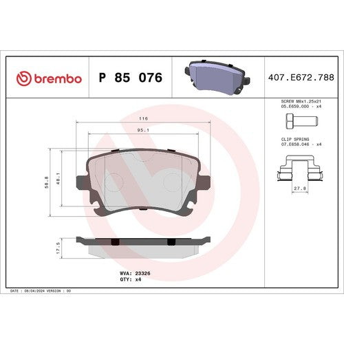 Brembo Rear Low Metallic Brake Pads Fits 2005-2011 Audi A6 Quattro 4 Pc P85076