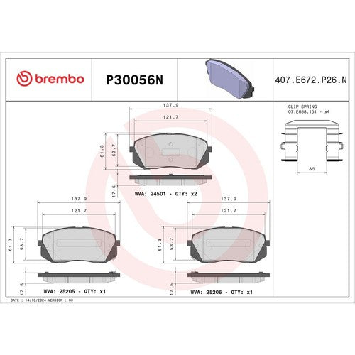 Brembo Front Ceramic Brake Pads Fits 2015-2023 Hyundai Sonata 4 Pc Brake P30056N