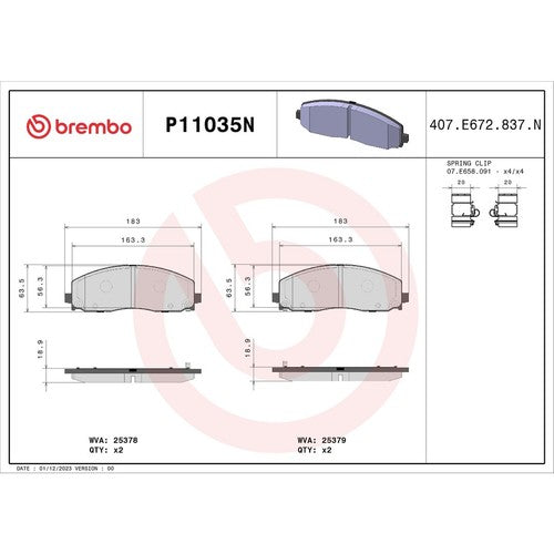Brembo Front Ceramic Brake Pad Fits 2017-2025 Chrysler Pacifica 4 Piece P11035N