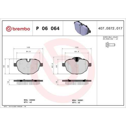 Brembo Rear Low-Metallic Brake Pads Fits 2009-2024 BMW X3 Brake Pads P06064