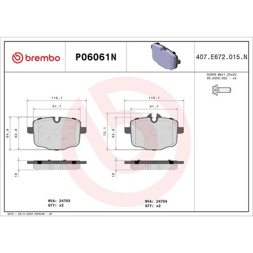 Brembo Rear Ceramic Brake Pads Fits 2013-2016 BMW M3 Brake Pads P06061N