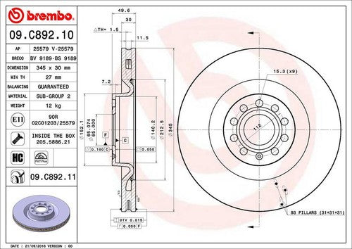 Brembo 09C89211C02  BRAKE ROTORS