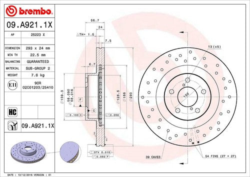 Brembo 09A9211XC02 Brake Rotor Wheel Bolt Pattern 5 x 100mm Single