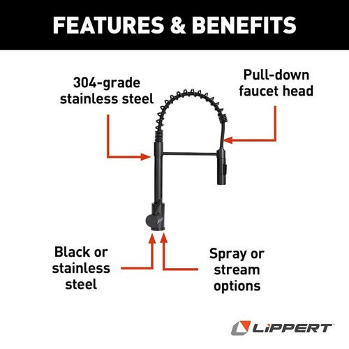 Lippert Components 2021090598 Faucet Coil-Spring Pull Down Spout Black Matte