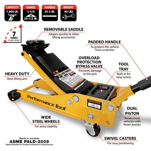 Performance Tool W1645 Professional Low-Profile Swiveling Floor Jack, 3.5-Ton Ca