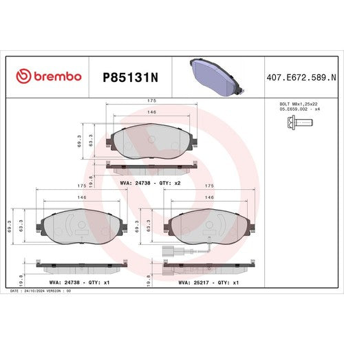 Brembo Front Ceramic Brake Pads Fits 2013-2016 Volkswagen CC 4 Pc P85131N