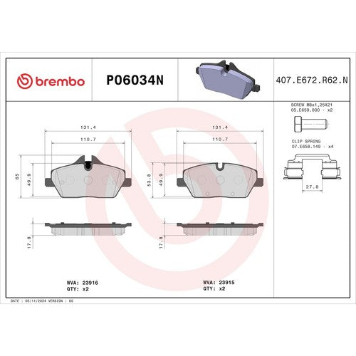 Brembo Front Brake Pad For Mini Cooper 2007-2025 Ceramic Brake Pads P06034N