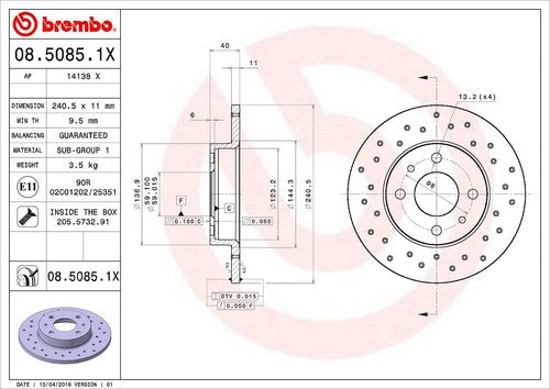 Brembo 0850851XC02 Brake Rotor Wheel Bolt Pattern 4 x 98mm Gray Cast Iron Singl