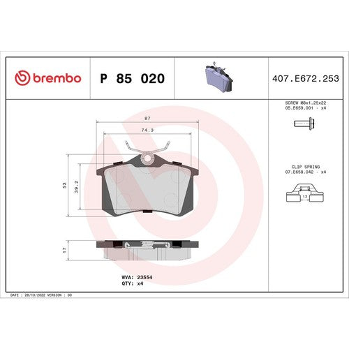 Brembo Rear Low Metallic Brake Pads Fits 2000-2006 Audi TT 4 Pc Brakes P85020