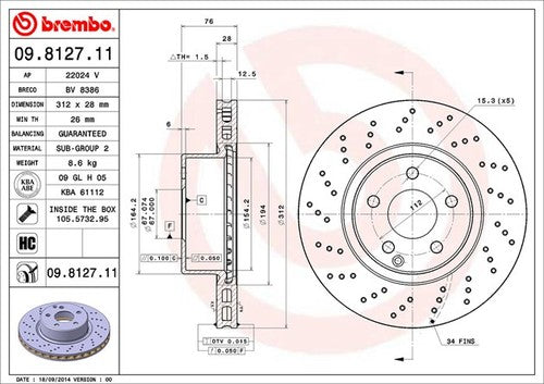Brembo 09812711C02 Brake Rotor Vented Cross Drilled Wheel Bolt Pattern 5 x 112m