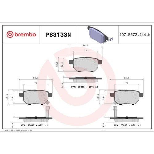 Brembo Rear Ceramic Brake Pads Fits 2014-2025 Toyota Corolla 4 Pc Brakes P83133N