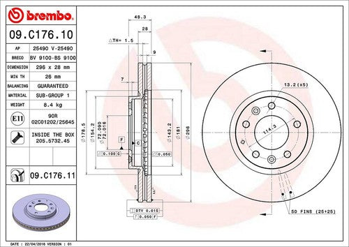 Brembo 09C17611C02  Brake Rotor Vented One Piece Design  Single
