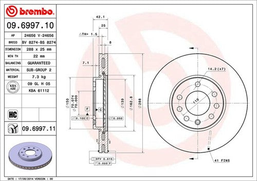 Brembo 09699711C02 Brake Rotor Vented Wheel Bolt Pattern 5 x 110mm Single