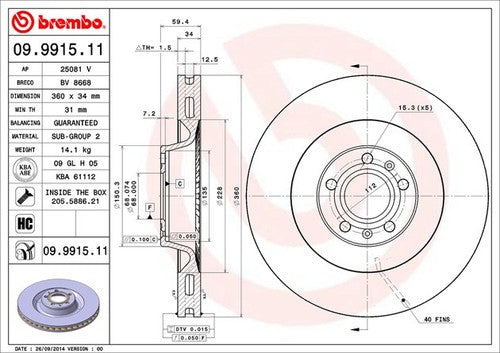 Brembo 09991511C02  BRAKE ROTORS
