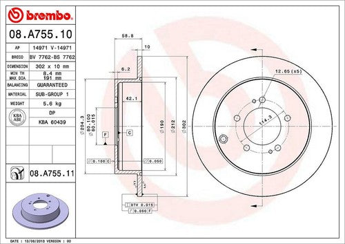 Brembo 08A75511C02 Brake Rotor Solid Wheel Bolt Pattern 5 x 114.3mm Single