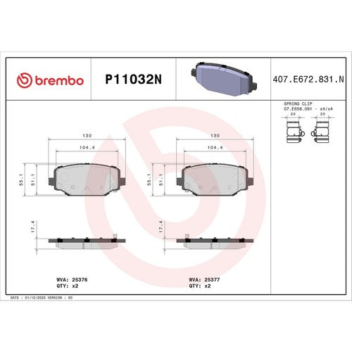 Brembo Rear Ceramic Brake Pad Fits 2012-2020 Dodge Grand Caravan 4 Piece P11032N