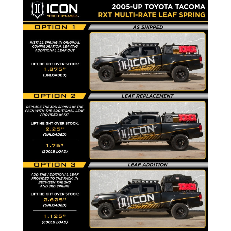 ICON Vehicle Dynamics 158505 - 05-23 TACOMA MULTI RATE RXT LEAF PACK W/ ADD IN L